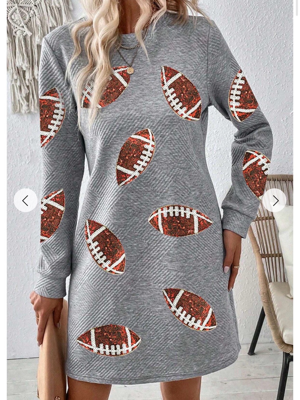 Gray Football Print Long Sleeve Tunic Dress
